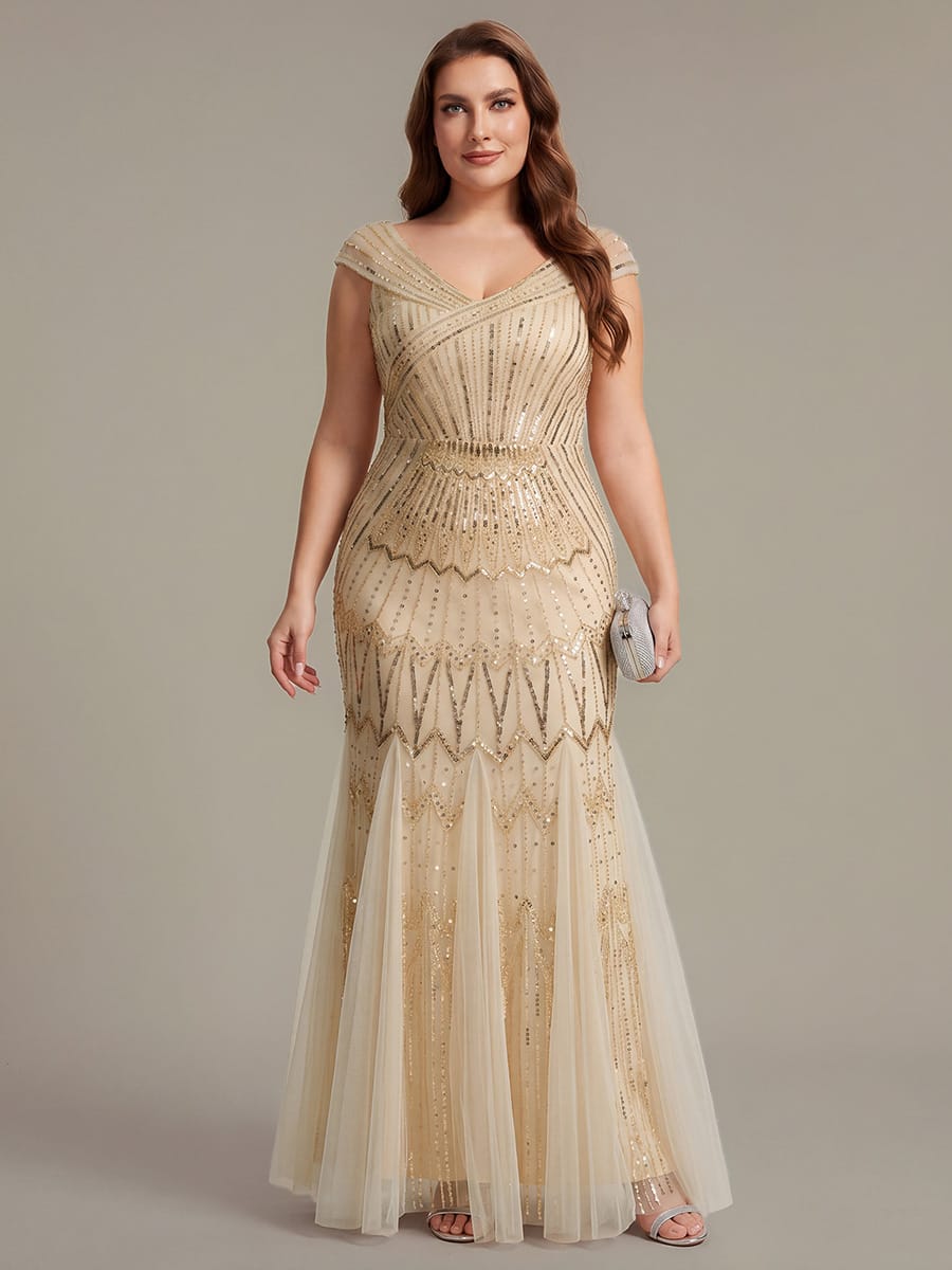 Embroidered Sequin Drop Shoulder Sleeve Dress #color_Gold