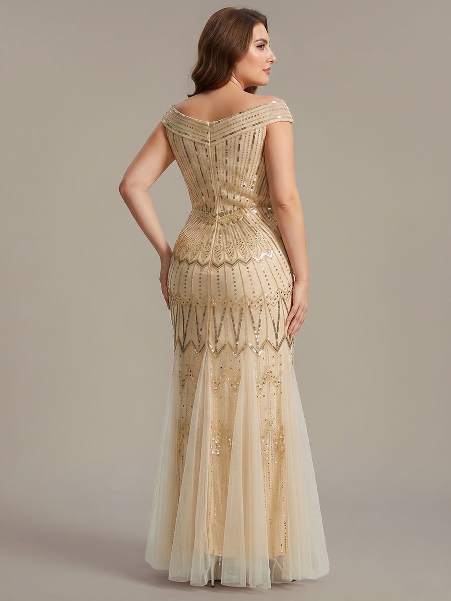 Embroidered Sequin Drop Shoulder Sleeve Dress #color_Gold