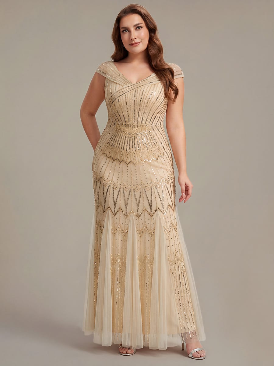 Embroidered Sequin Drop Shoulder Sleeve Dress #color_Gold