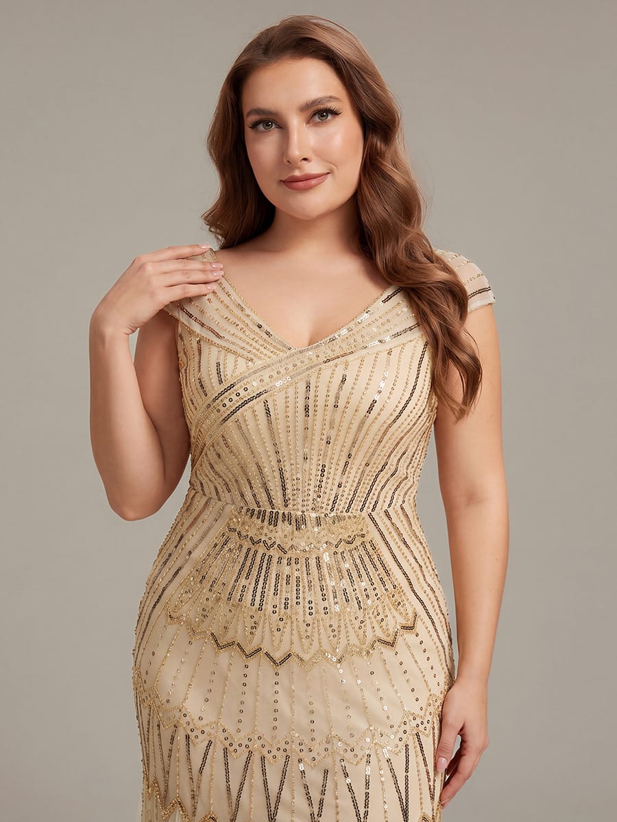 Embroidered Sequin Drop Shoulder Sleeve Dress #color_Gold