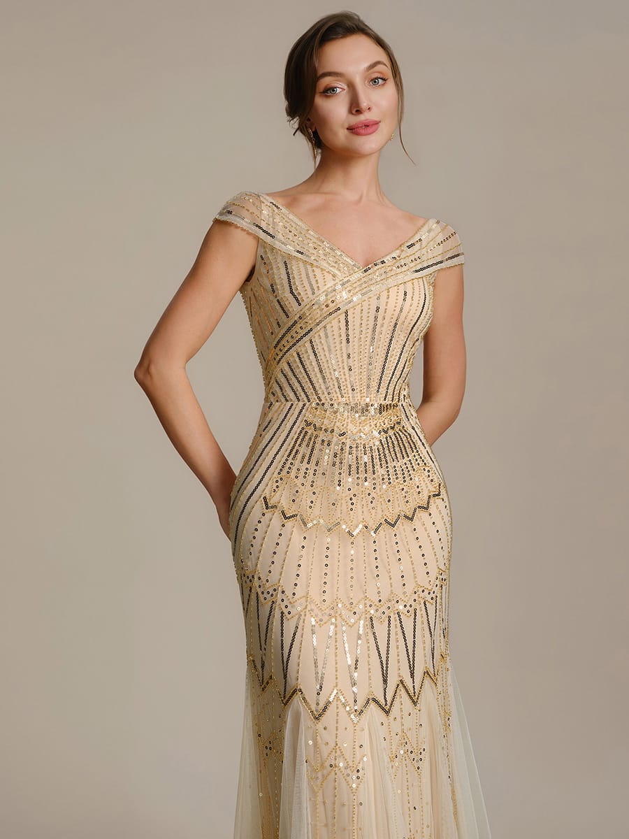 Embroidered Sequin Drop Shoulder Sleeve Dress #color_Gold