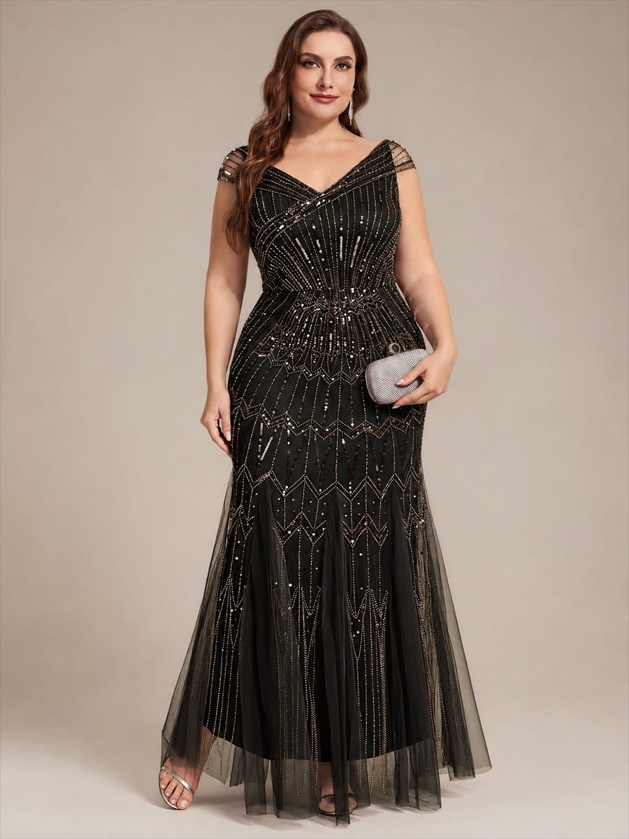 Embroidered Sequin Drop Shoulder Sleeve Dress #color_Black & Gold