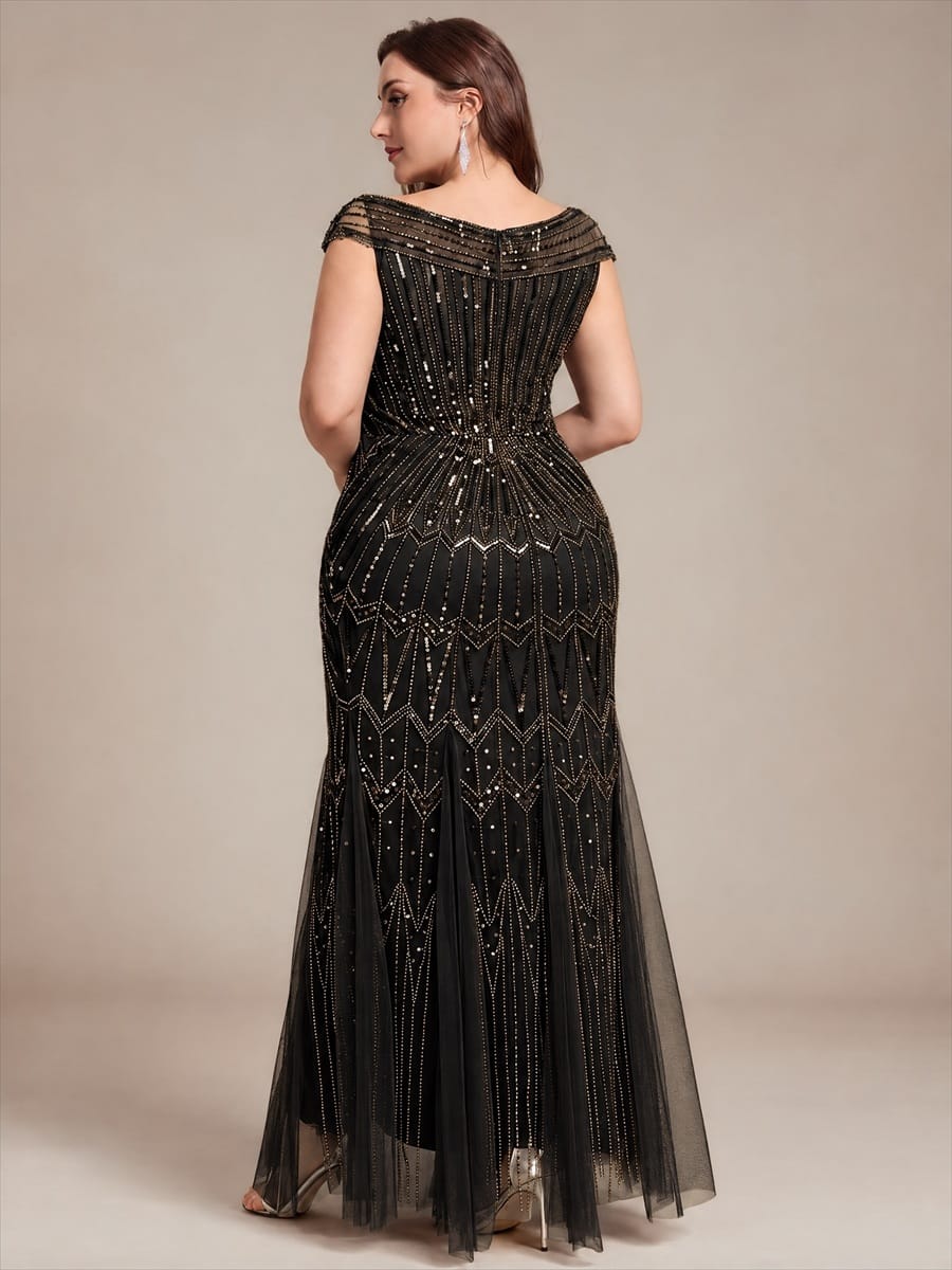 Embroidered Sequin Drop Shoulder Sleeve Dress #color_Black & Gold