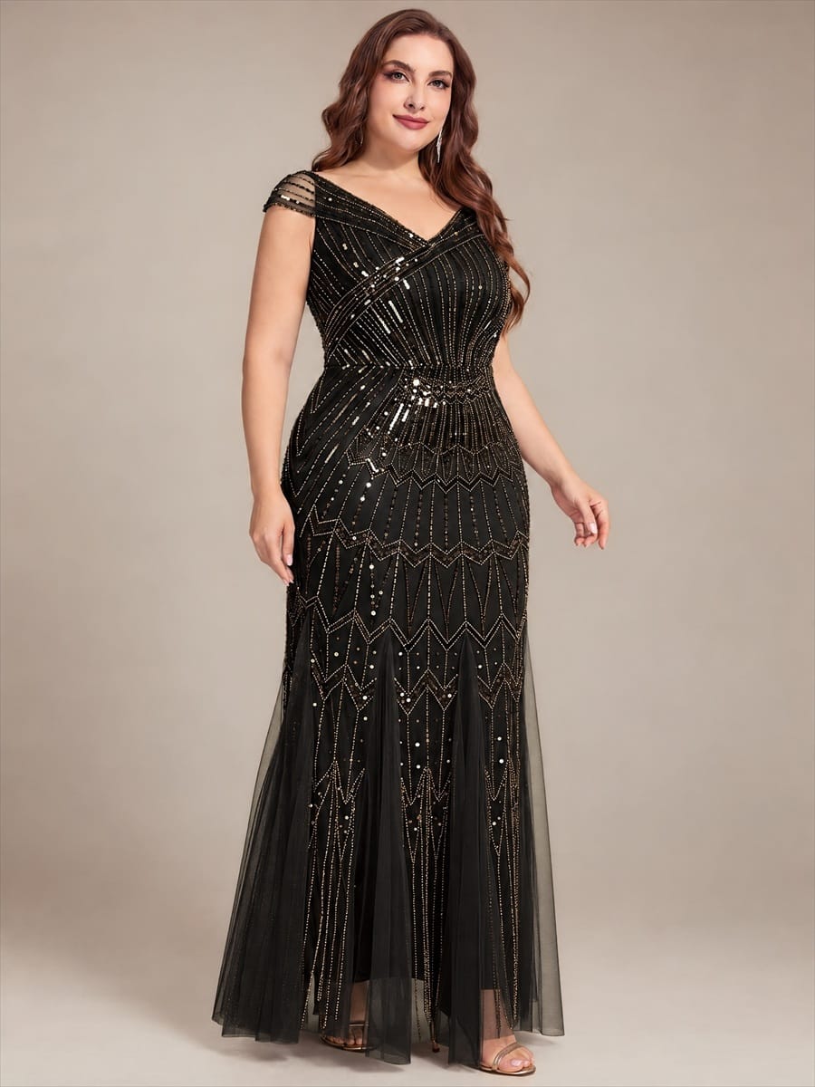 Embroidered Sequin Drop Shoulder Sleeve Dress #color_Black & Gold