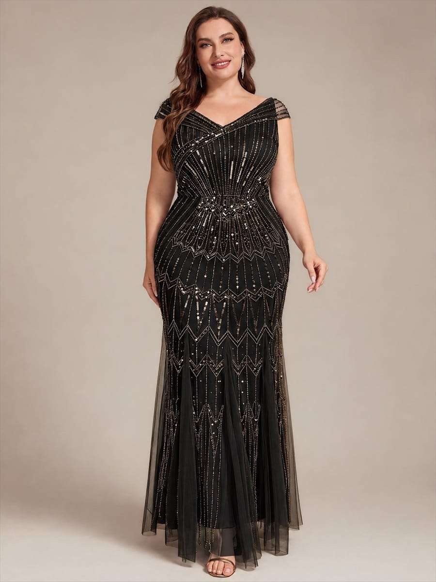 Embroidered Sequin Drop Shoulder Sleeve Dress #color_Black & Gold