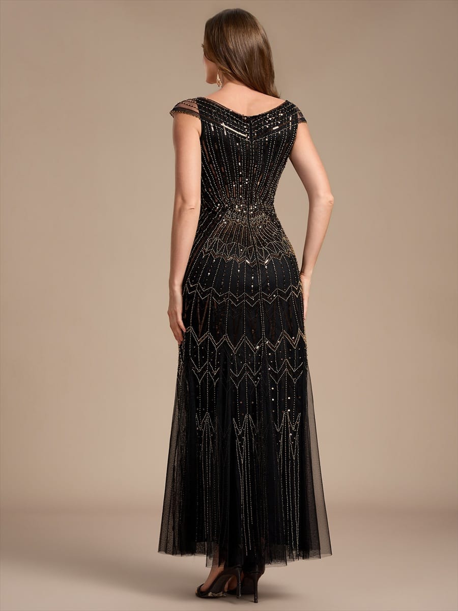 Embroidered Sequin Drop Shoulder Sleeve Dress #color_Black & Gold