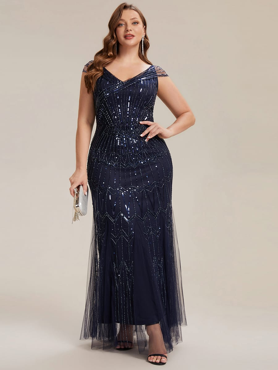 Embroidered Sequin Drop Shoulder Sleeve Dress #color_Navy Blue