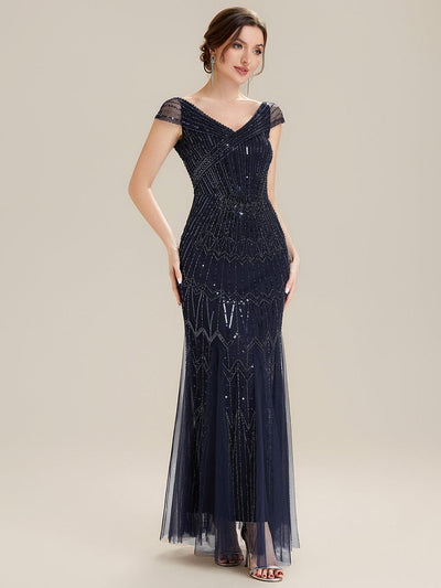 Embroidered Sequin Drop Shoulder Sleeve Dress #color_Navy Blue