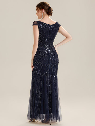 Embroidered Sequin Drop Shoulder Sleeve Dress #color_Navy Blue