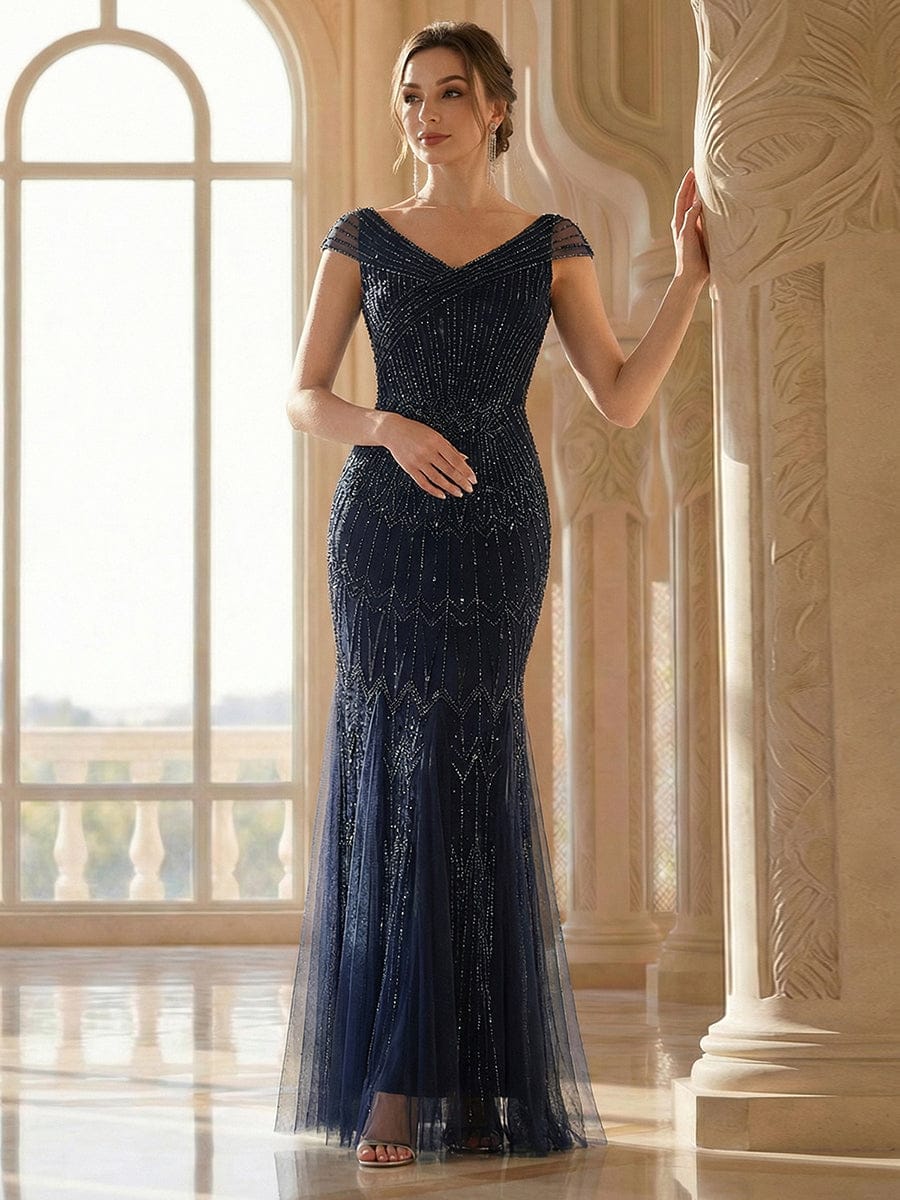 Embroidered Sequin Drop Shoulder Sleeve Dress #color_Navy Blue