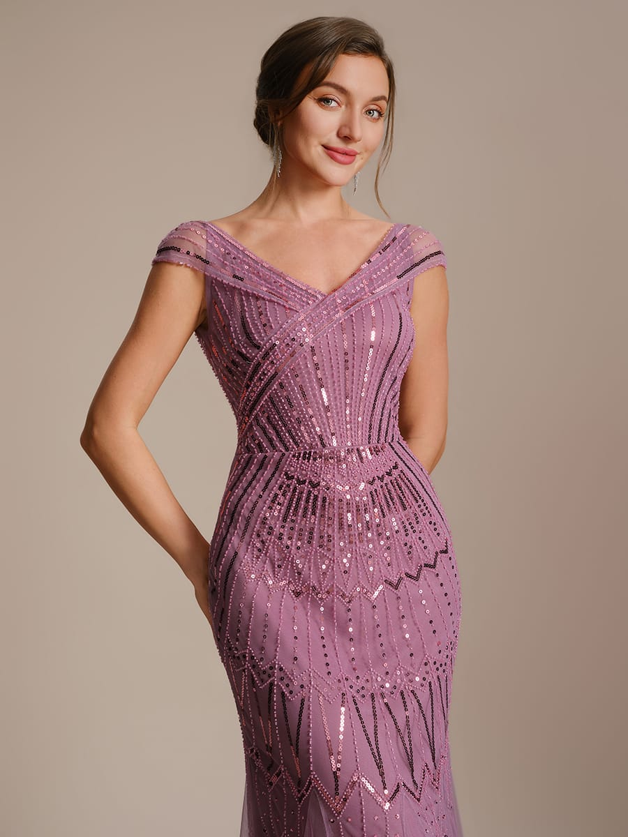 Embroidered Sequin Drop Shoulder Sleeve Dress #color_Purple Orchid