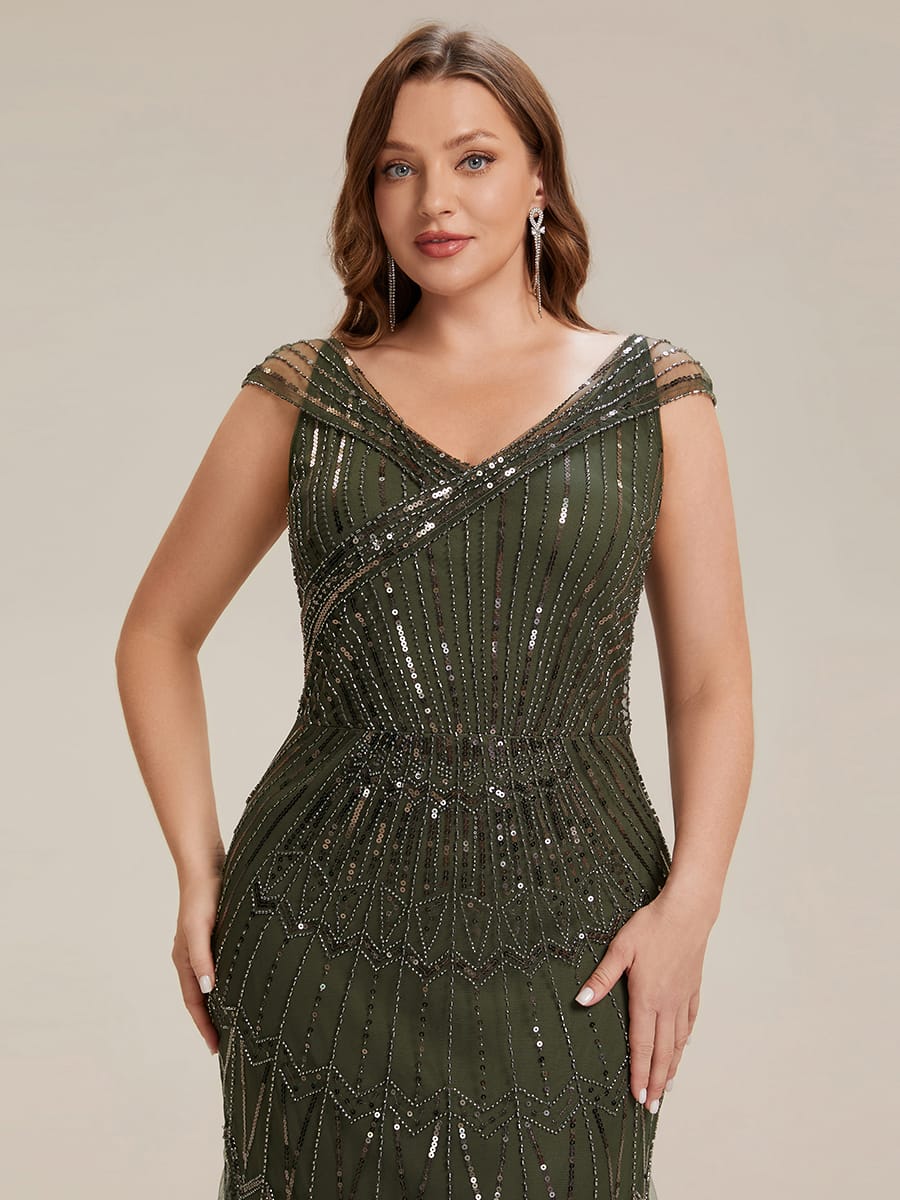 Embroidered Sequin Drop Shoulder Sleeve Dress #color_Olive Green