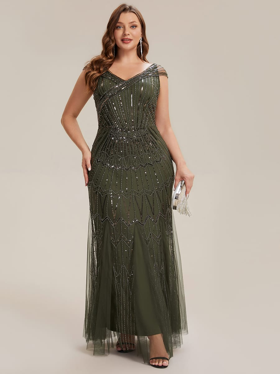 Embroidered Sequin Drop Shoulder Sleeve Dress #color_Olive Green