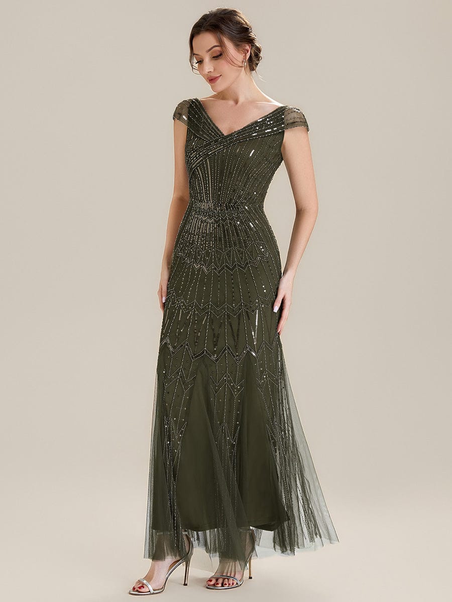 Embroidered Sequin Drop Shoulder Sleeve Dress #color_Olive Green