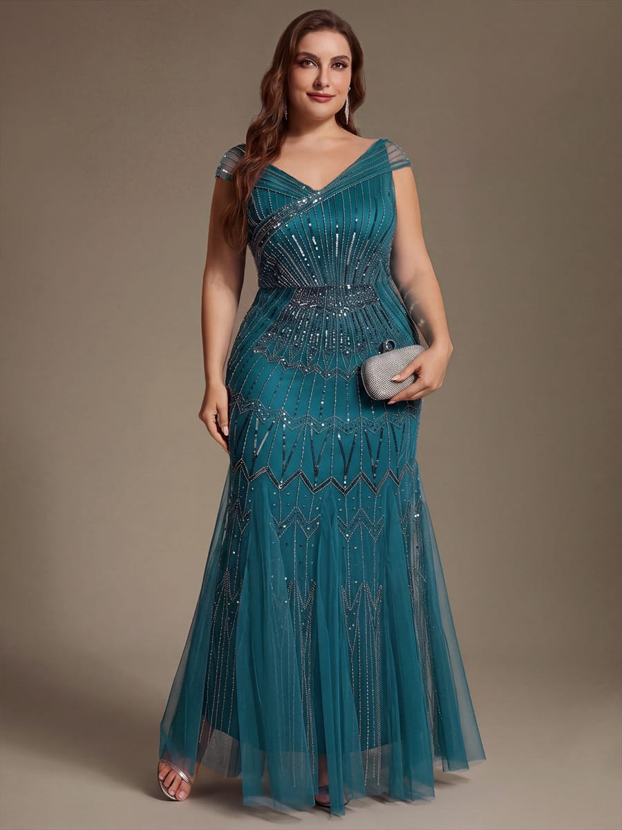 Embroidered Sequin Drop Shoulder Sleeve Dress #color_Teal Blue
