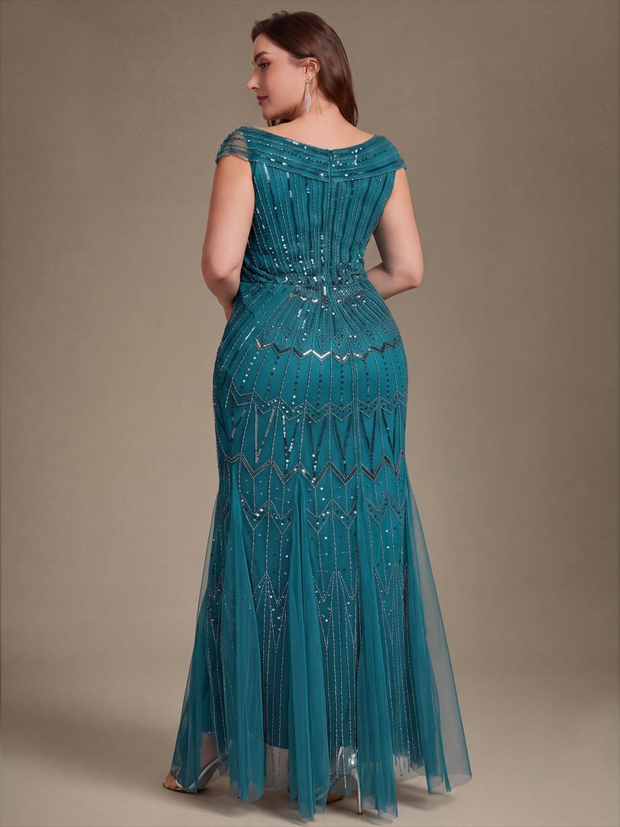 Embroidered Sequin Drop Shoulder Sleeve Dress #color_Teal Blue