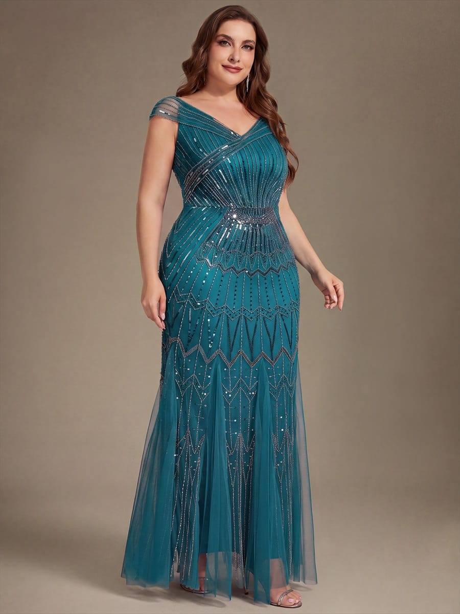 Embroidered Sequin Drop Shoulder Sleeve Dress #color_Teal Blue