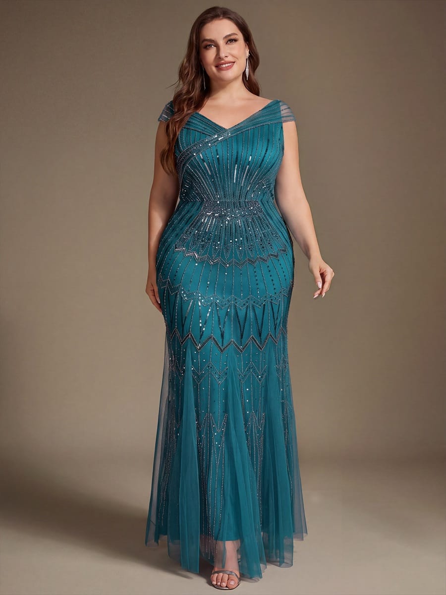 Embroidered Sequin Drop Shoulder Sleeve Dress #color_Teal Blue