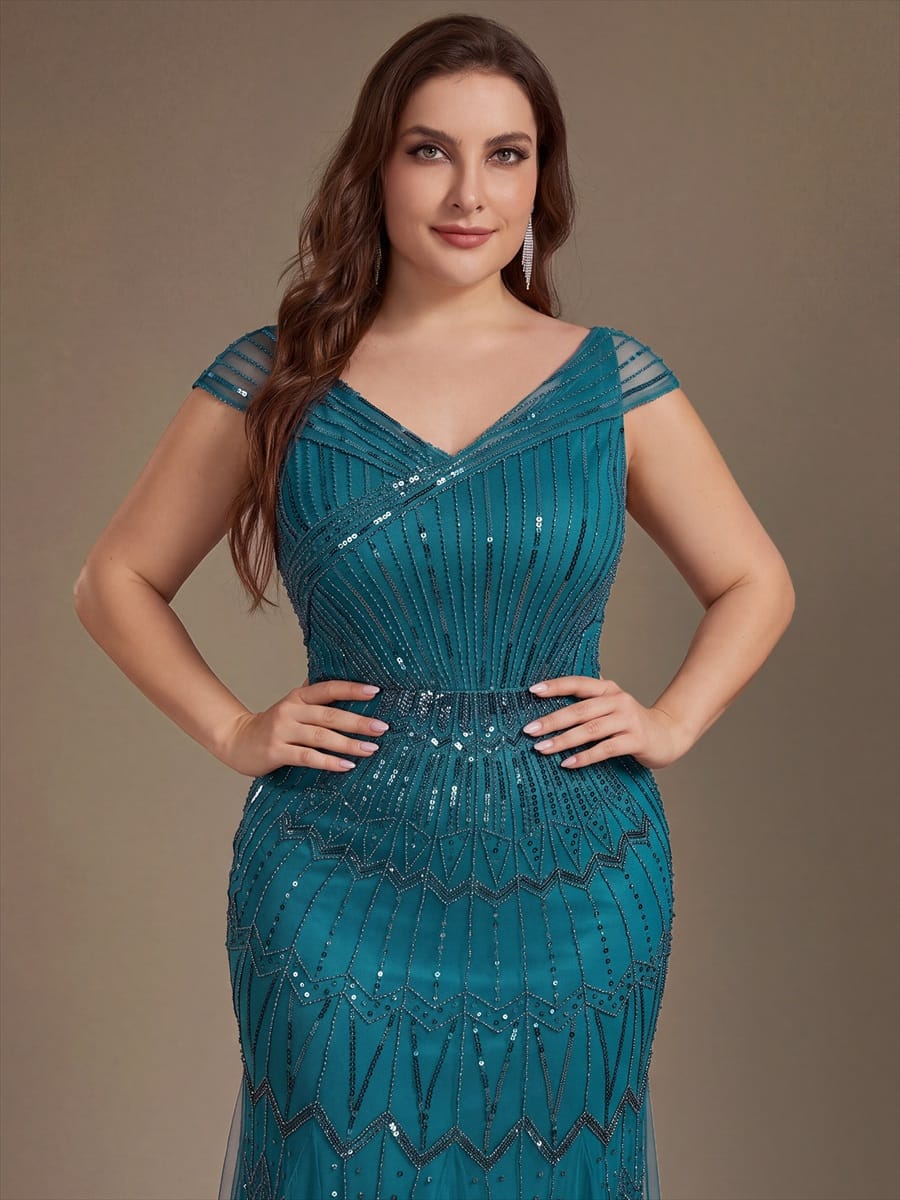 Embroidered Sequin Drop Shoulder Sleeve Dress #color_Teal Blue