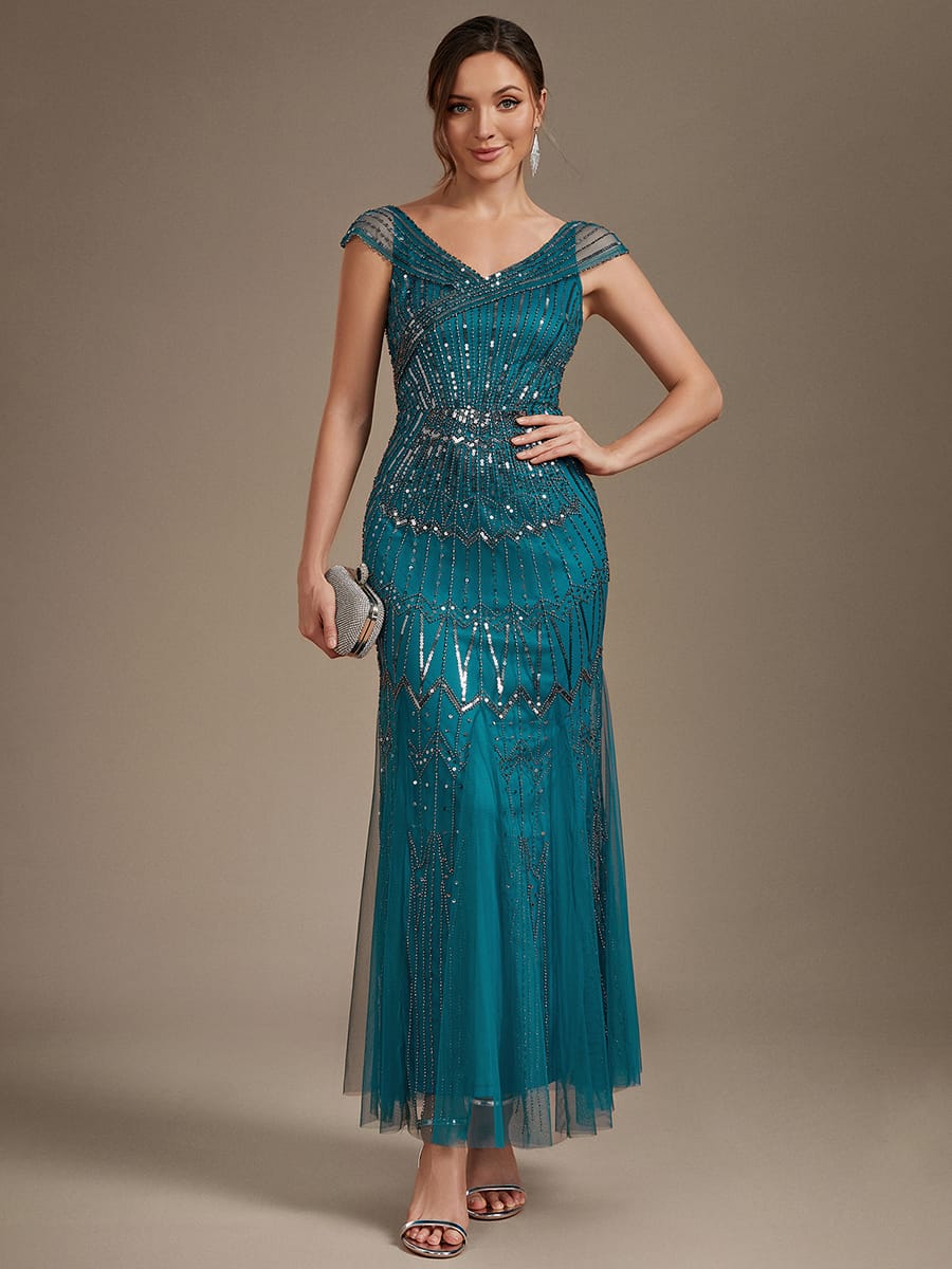 Embroidered Sequin Drop Shoulder Sleeve Dress #color_Teal Blue
