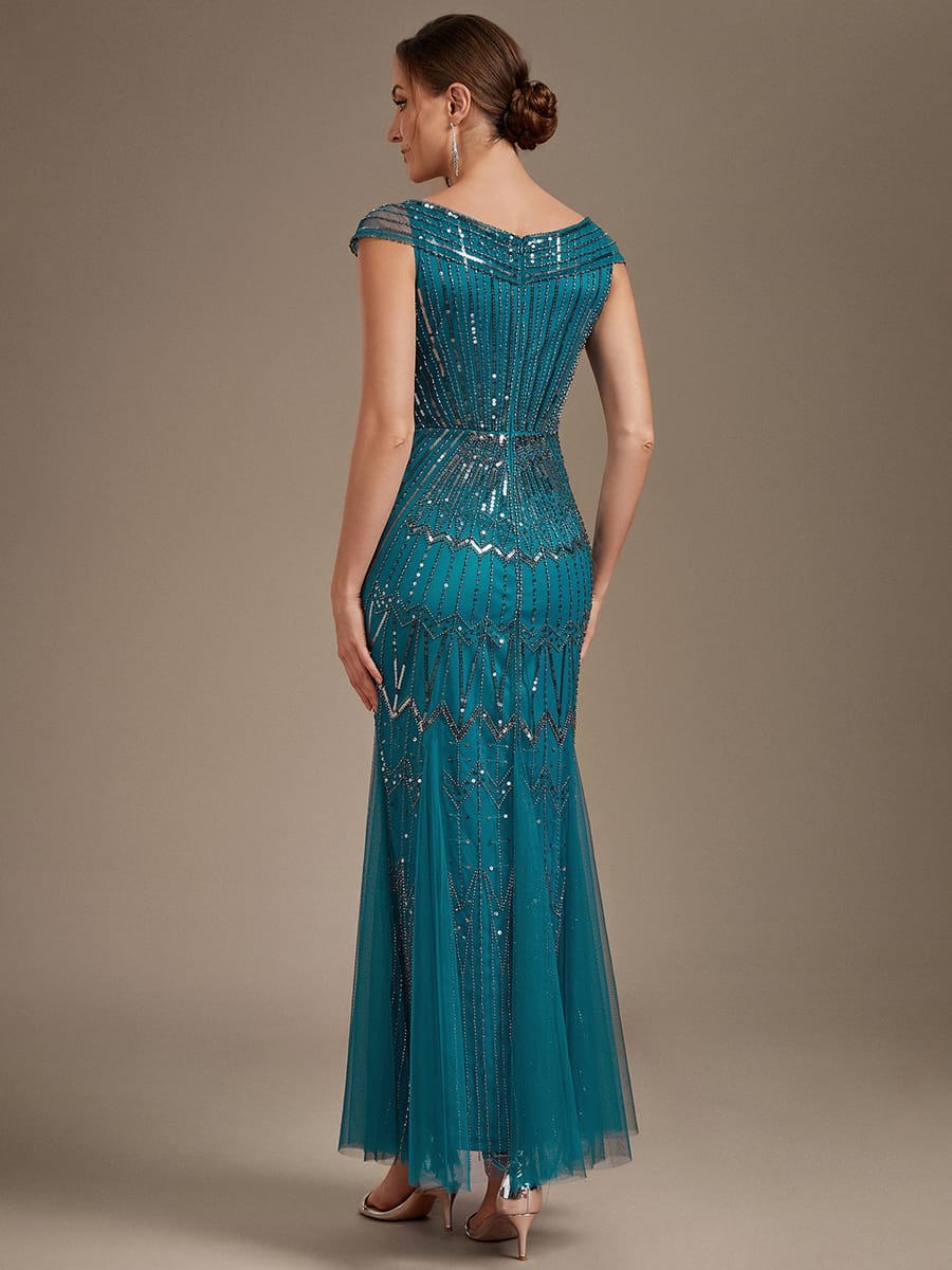 Embroidered Sequin Drop Shoulder Sleeve Dress #color_Teal Blue