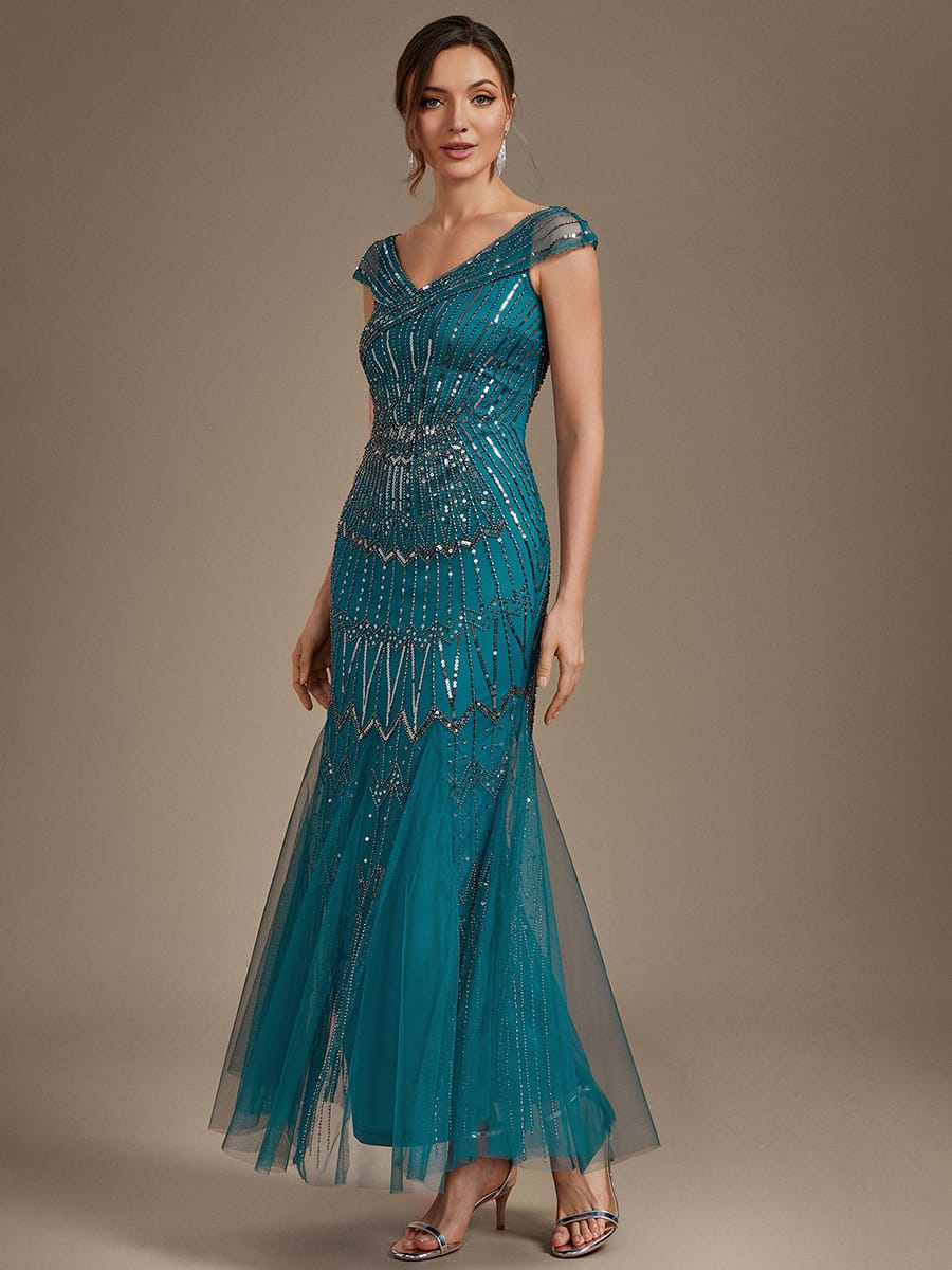 Embroidered Sequin Drop Shoulder Sleeve Dress #color_Teal Blue