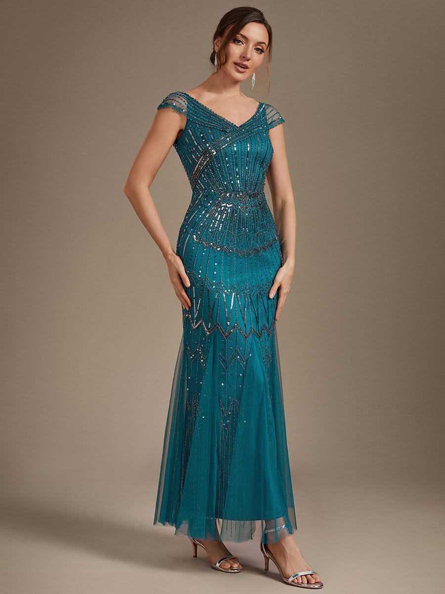 Embroidered Sequin Drop Shoulder Sleeve Dress #color_Teal Blue