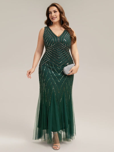 Deep V-Neck Sequin Sleeveless Dress #color_Dark Green