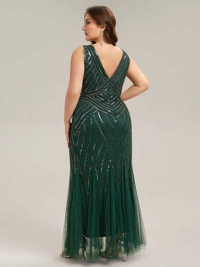 Deep V-Neck Sequin Sleeveless Dress #color_Dark Green
