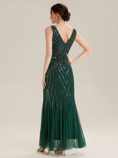 Deep V-Neck Sequin Sleeveless Dress #color_Dark Green