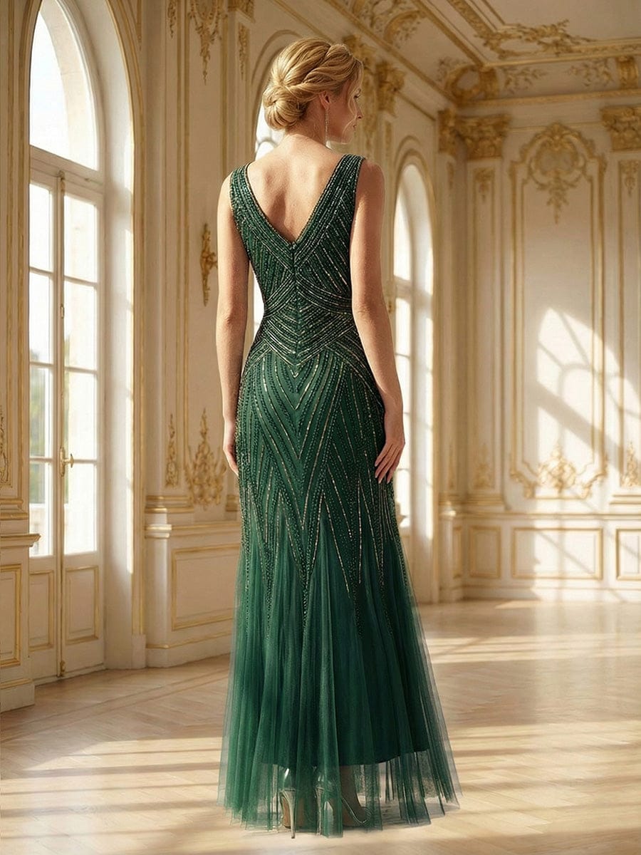 Deep V-Neck Sequin Sleeveless Dress #color_Dark Green