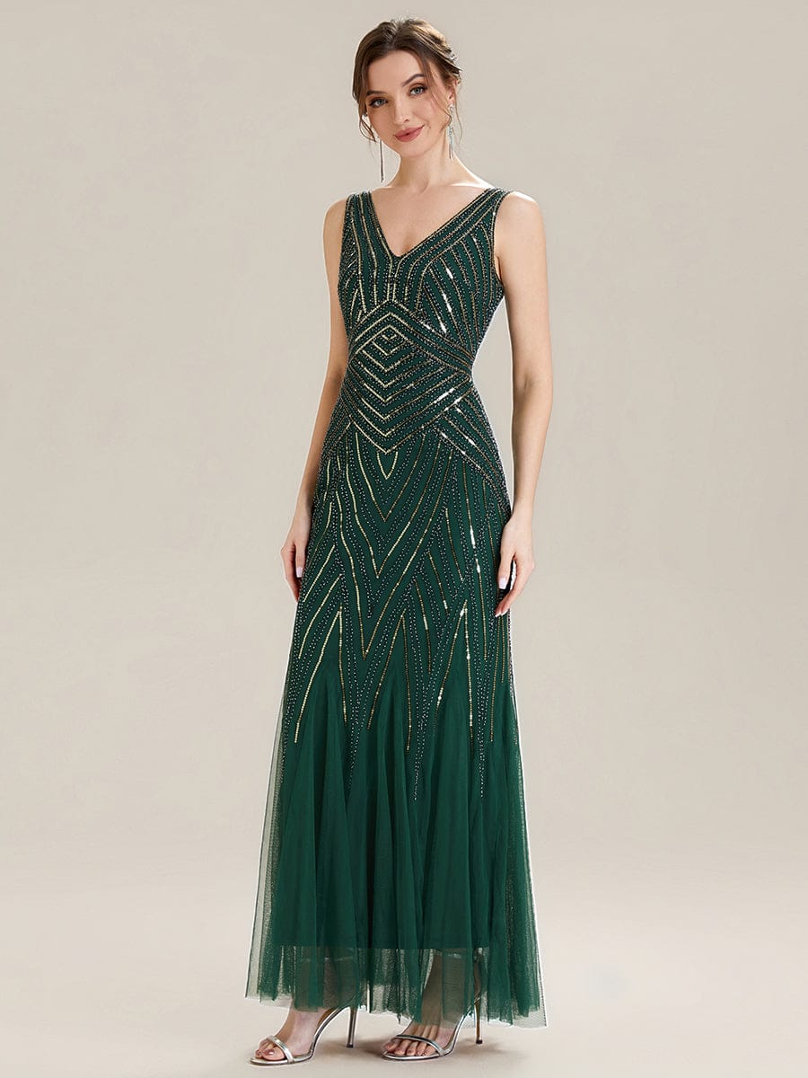 Deep V-Neck Sequin Sleeveless Dress #color_Dark Green