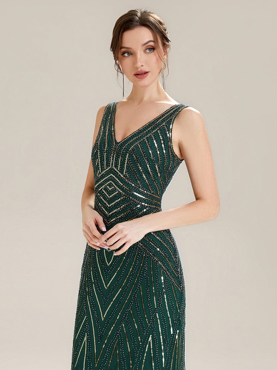 Deep V-Neck Sequin Sleeveless Dress #color_Dark Green