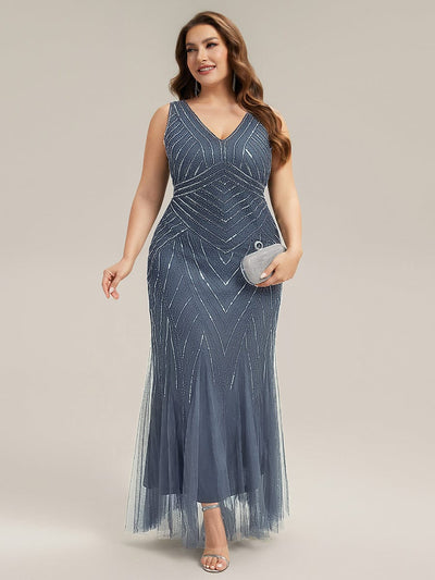 Deep V-Neck Sequin Sleeveless Dress #color_Dusty Blue