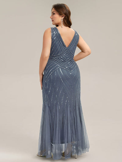 Deep V-Neck Sequin Sleeveless Dress #color_Dusty Blue