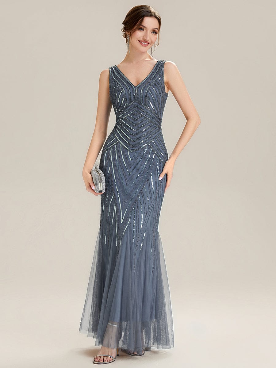 Deep V-Neck Sequin Sleeveless Dress #color_Dusty Blue