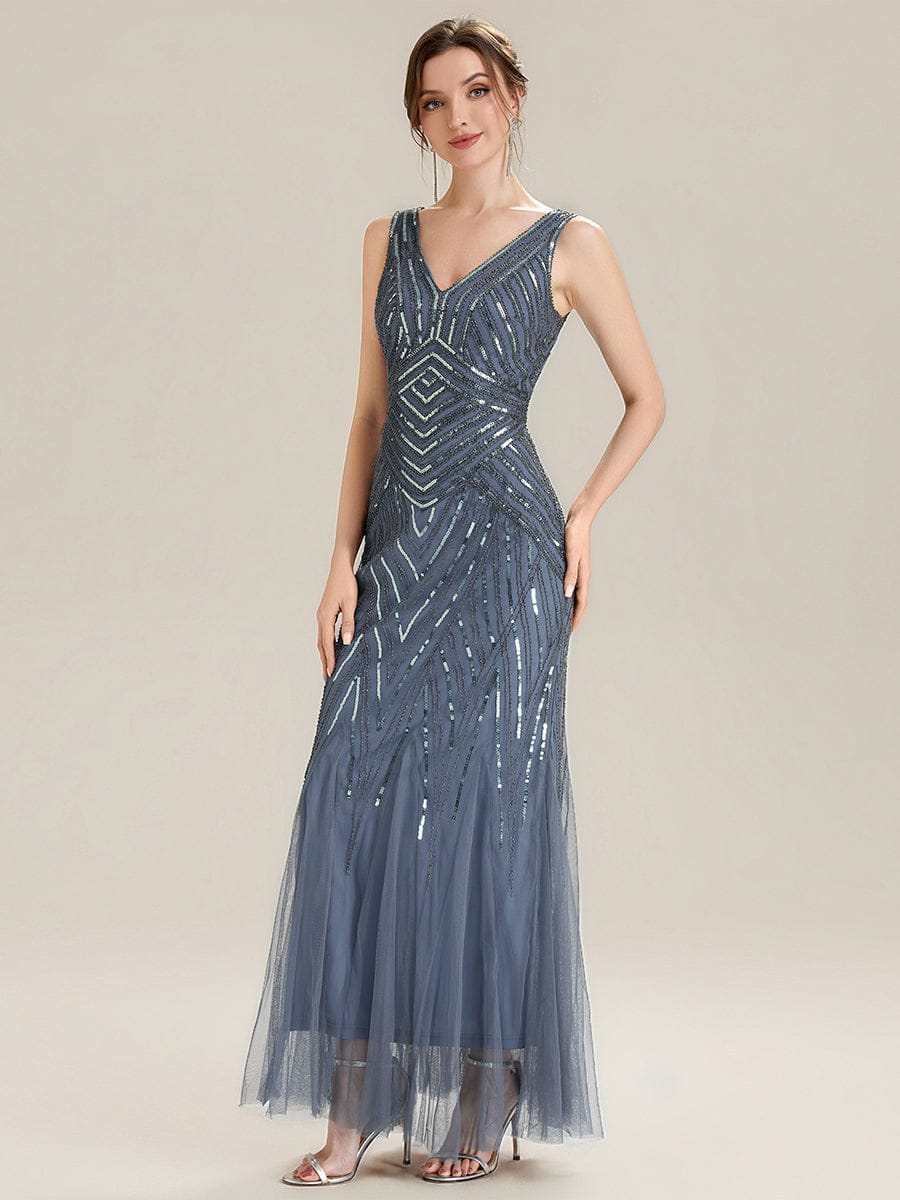 Deep V-Neck Sequin Sleeveless Dress #color_Dusty Blue