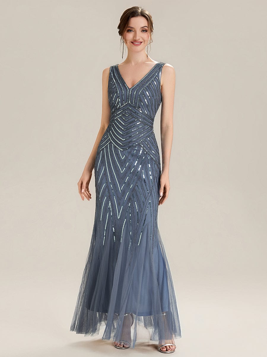 Deep V-Neck Sequin Sleeveless Dress #color_Dusty Blue