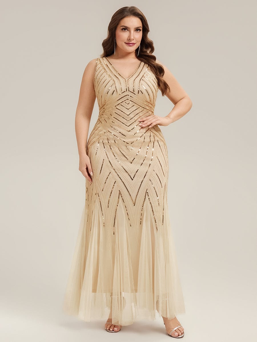 Deep V-Neck Sequin Sleeveless Dress #color_Gold
