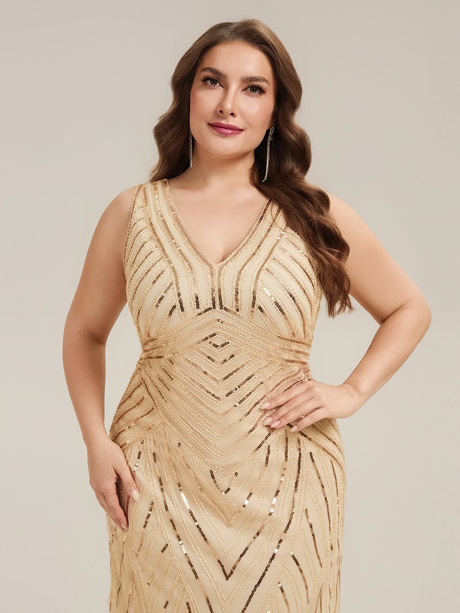 Deep V-Neck Sequin Sleeveless Dress #color_Gold