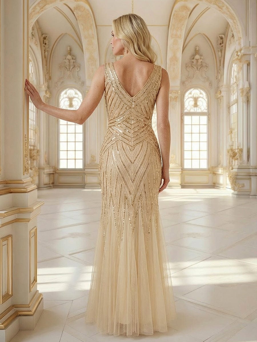 Deep V-Neck Sequin Sleeveless Dress #color_Gold