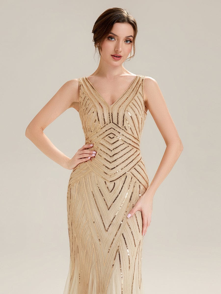 Deep V-Neck Sequin Sleeveless Dress #color_Gold