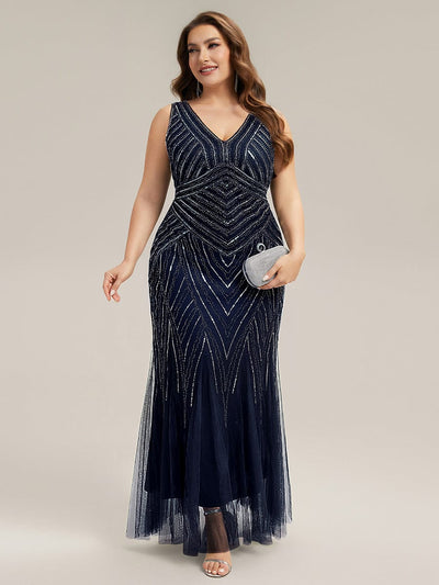 Deep V-Neck Sequin Sleeveless Dress #color_Navy Blue