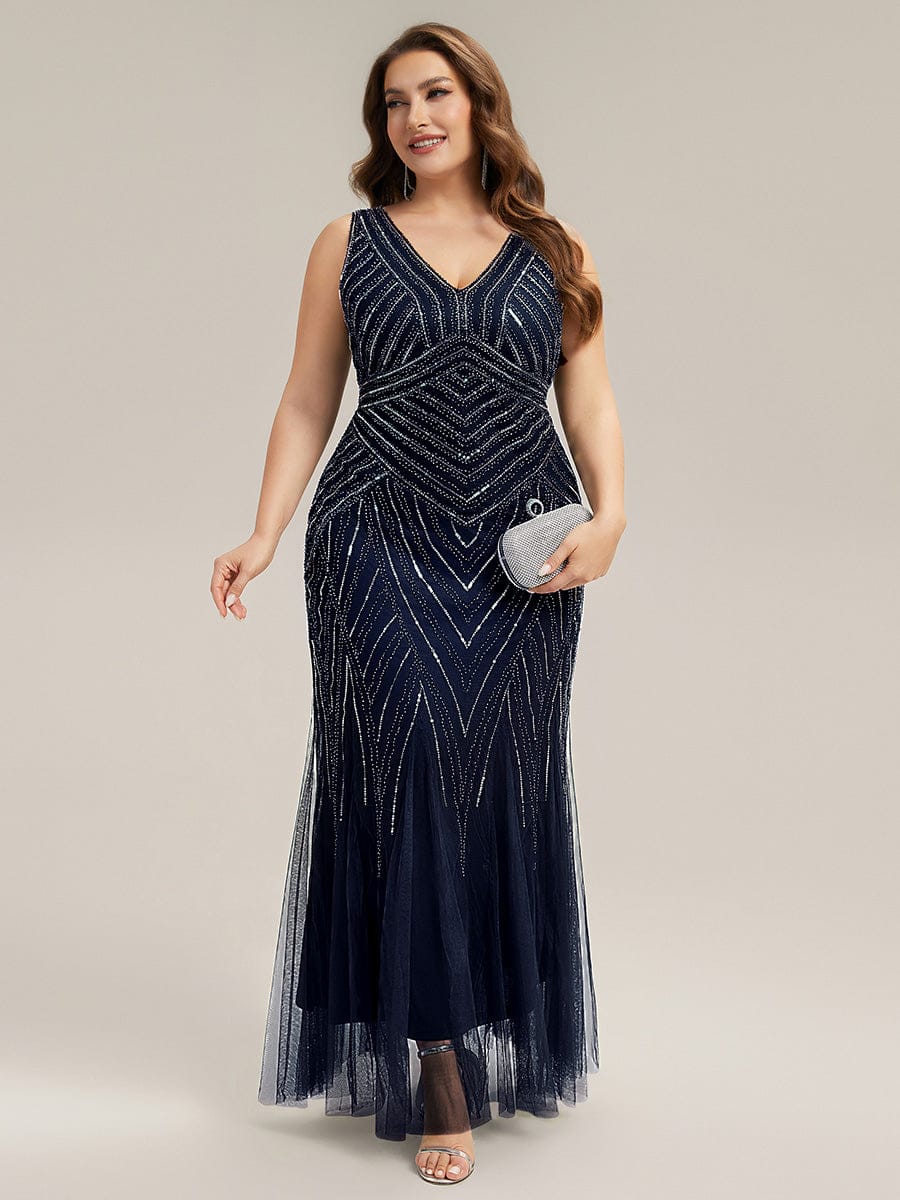 Deep V-Neck Sequin Sleeveless Dress #color_Navy Blue