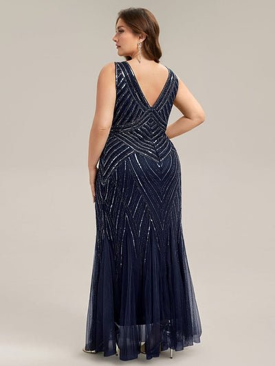 Deep V-Neck Sequin Sleeveless Dress #color_Navy Blue