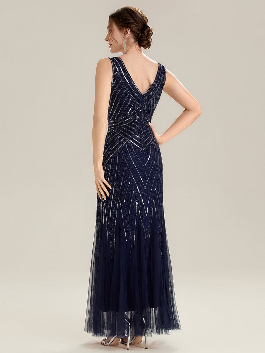 Deep V-Neck Sequin Sleeveless Dress #color_Navy Blue