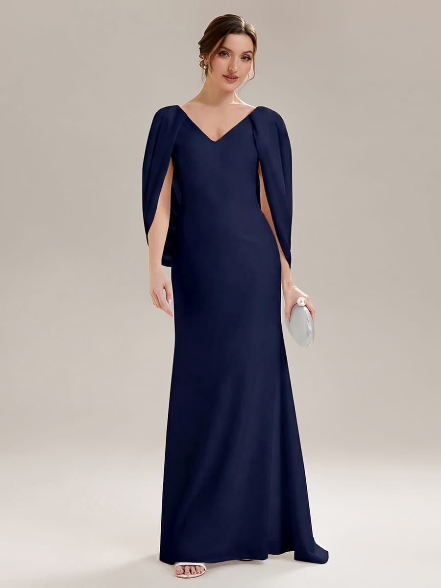 Tie-Front Knit Cape Sleeve Dress #color_Navy Blue