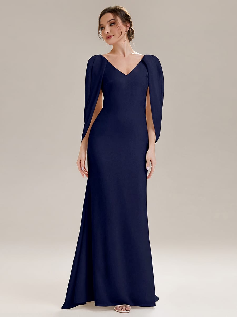 Tie-Front Knit Cape Sleeve Dress #color_Navy Blue