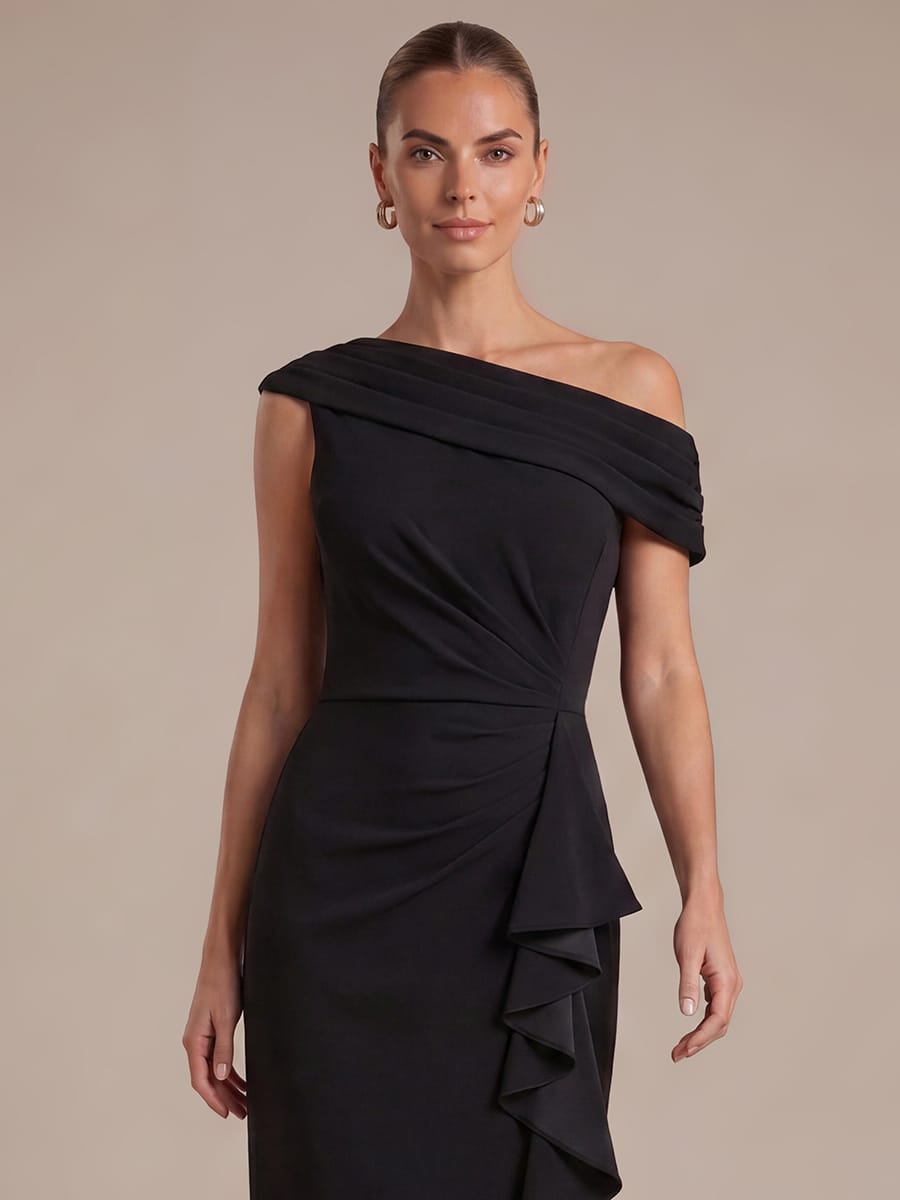 Ruffled Crepe Off-the-shoulder Sleeve Dress #color_Black