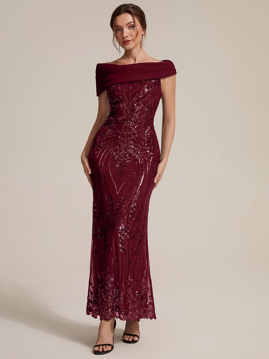 Glamorous Sequin Evening Dress | Draped Off-Shoulder Maxi